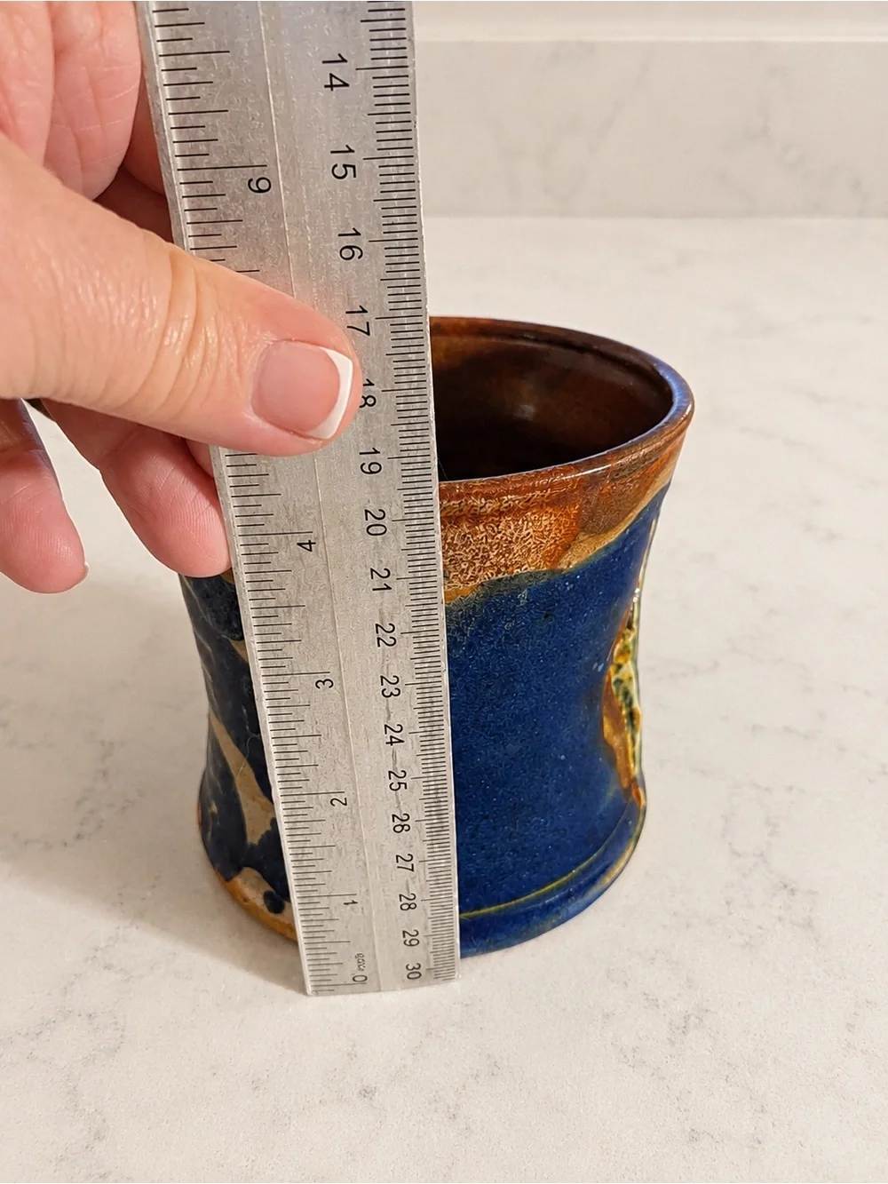 Signed Handmade Studio Pottery Leaf Tumbler Vase Blue Brown Glaze